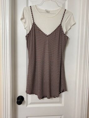 Banabee black pink striped ribbed spaghetti strap dress layered white t-shirt L